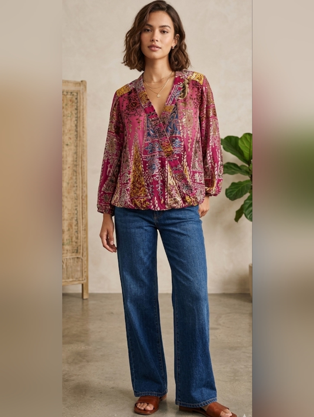 Anthropologie Floreat Silk Blend Burnout Velvet Paisley Surplice Blouse Pink XS